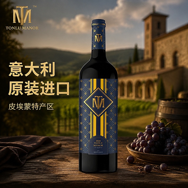 [主图-1] 桐楼庄饰尚干红葡萄酒首图，场景代入意大利进口红酒展示
[氛围风格] 高端精致品质感，意大利酒庄氛围
[画质] 商业摄影质感，光线柔和通透，产品清晰真实，画面干净高级
[元素] 桐楼庄饰尚干红葡萄酒瓶居中展示，瓶身深蓝色搭配金色标签，保持产品外观、物理结构、材质质感、颜色与输入产品图绝对一致，杜绝任何变形和色差，精细化处理。商品主体占比严格控制在70%左右，背景融入意大利托斯卡纳庄园模糊远景，搭配复古木质餐桌，旁边放少量紫色葡萄作为点缀，画面满屏无边框。左上角保留原品牌TM Logo，不遮挡产品主体
[光影] 自然柔和的侧光，营造通透质感，突出红酒瓶的光泽和标签细节，背景光影柔和，景深适中
[配色] 主色调为深蓝色和金色，辅助色为深棕木色和紫色，整体高级沉稳
[视角构图] 正面平视，产品完整居中，轮廓完整不裁切
[文字版式] 左侧负空间左对齐留安全边距，大字文案写"意大利原装进口"，金色最大号粗体无衬线，辅助短句写"皮埃蒙特产区"，约半高同色，文字清晰不遮挡主体
[输出要求] 1:1比例，文字清晰可辨，超高清商业摄影质感
[负向提示词] 变形，文字错乱，产品图模糊，背景杂乱，水印，电商平台Logo，绝对化违禁词