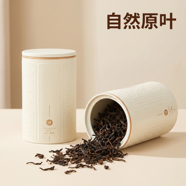 [创意主图 2] 六堡茶双罐创意展示，一罐倒放茶叶散落在罐口周围。[氛围风格]简约时尚轻奢，高级质感，自然随性。[画质]商业摄影质感、光线柔和通透、产品清晰真实、画面干净高级。[元素]米白色双罐六堡茶预览效果