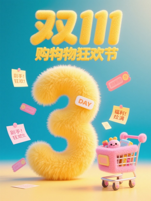 奶黄色背景，顶部奶黄色毛绒艺术字'双 11 购物狂欢节'，下方巨大奶黄色渐变毛绒数字'3'带白色'DAY'小标签，周围分布写有'剁手''狂欢''福利拉满'的便签和优惠券，右下角购物车装满商品，粉嫩可爱预览效果
