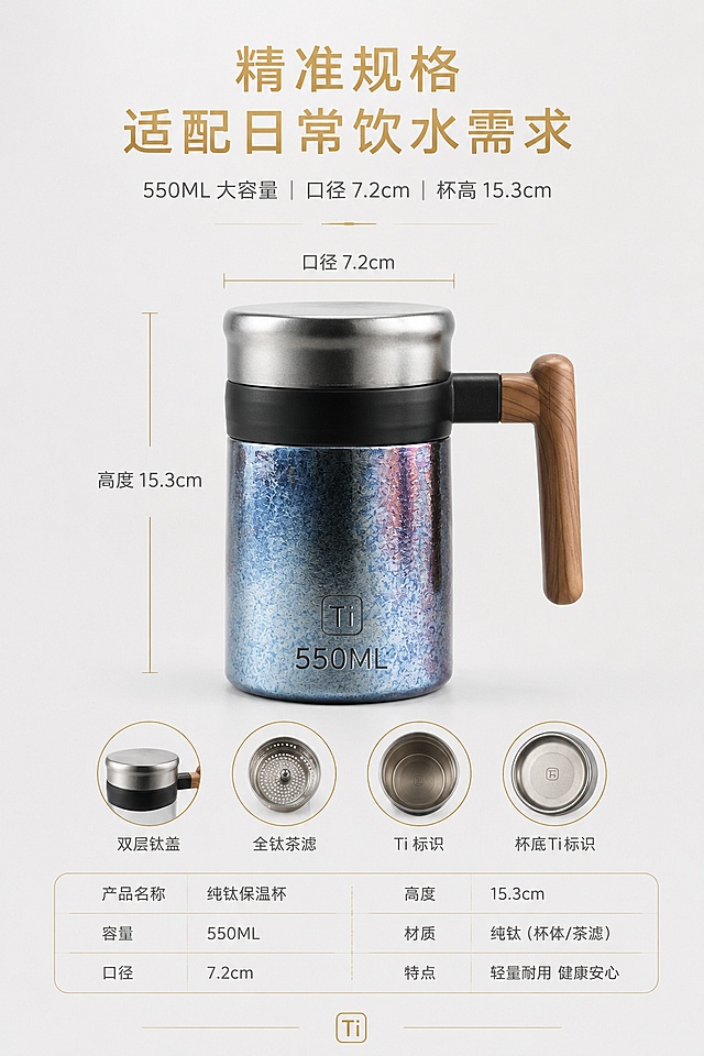 ## 通用强制要求（每屏均自带）

严格还原上传的产品图，包含冰花幻彩杯身、实木手柄、双层钛盖、全钛茶滤、Ti 标识等全部细节，清除无关杂物、人手、多余摆件；产品参数精准还原：容量 550ML、口径 7.2cm、高度 15.3cm，产品实物比例 1:1；画面比例固定 2:3 竖屏；整体统一细质轻奢风 + 哑光鎏金肌理，配色低饱和沉稳，适配中老年成熟审美；文字使用无衬线极简字体 + 烫金篆刻字体，粗细对比排版，光影柔和高级，无廉价花哨元素。

## 第 1 屏 首屏格调海报・产品全景

### 正向提示词

2:3 竖屏，8K 超高清静物摄影，极简轻奢新中式禅意，低饱和沉稳色调，大量留白高级质感；画面中心完整摆放幻彩冰花纯钛泡茶杯，完整展示实木侧把手、双层钛杯盖，浅灰哑光宣纸背景，淡水墨远山暗纹低调点缀；主标题居中排版，烫金篆刻文字、弥散阴影特效「99.9% 高纯钛养生泡茶杯」；副标题居中细体无衬线文字「550ML 大容量 商务居家高端茶器」；柔和侧逆光凸显杯身冰花金属肌理，木纹手柄温润质感，整体稳重雅致，符合 50 岁以上人群审美，器物氛围感拉满。

### 负面提示词

杂乱背景、鲜艳高饱和色彩、卡通元素、网红花哨装饰、人物模特、手部入镜、变形产品、尺寸错乱、廉价塑料反光、字体粗劣刺眼、密集文字、网红 ins 风、荧光色。

## 第 2 屏 核心材质卖点・99.9% 高纯钛

### 正向提示词

2:3 竖屏，哑光质感极简版面，左对齐文字排版，鎏金肌理文字特效；画面左右分栏，左侧特写杯底 Ti 金属刻印、内胆冰花钛壁，放大展示细腻结晶纹理；右侧放置完整杯子浅蓝冰花款实物；背景浅米哑光实木桌面，无多余杂物；主标题左对齐烫金大字「99.9% 高纯钛 健康无涂层」；副标题分层小字无衬线字体「不含重金属 / 无油漆涂层 / 抑菌耐腐蚀」；标注文字清晰标出含钛量 99.9%，柔和漫射光突出钛金属原生肌理，整体沉稳大气，中老年易读懂。

### 负面提示词

夸张炫彩特效、卡通插画、网红装饰、手部、人物、模糊产品细节、文字拥挤、高饱和亮色、杂乱纹理、塑料质感、虚假特效涂层。

## 第 3 屏 结构卖点・茶水分离茶滤

### 正向提示词

2:3 竖屏，分栏模块化排版，极简轻奢静物场景；画面分层展示拆解配件：钛杯盖、纯钛多孔茶滤、杯身内胆三件依次平铺摆放，多角度特写茶滤细密滤孔与中心提手；背景浅灰哑光台面，少量浅棕色实木茶托点缀；主标题右对齐烫金篆刻文字「可拆卸纯钛茶滤 茶水分离焖泡两用」；副标题细体无衬线文字「细孔滤茶不堵渣，办公泡茶随心控浓淡」；特写镜头清晰呈现茶滤孔洞细节，光影温润柔和，木纹元素呼应手柄质感，格调素雅稳重。

### 负面提示词

鲜艳亮色、卡通图案、人物手部、杂乱摆件、滤镜过度、产品变形、文字堆叠、霓虹光影、廉价塑料配件、花哨装饰线条。

## 第 4 屏 规格参数屏・尺寸容量可视化

### 正向提示词

2:3 竖屏，居中对称排版，极简商务质感版面，哑光白底；画面中央竖立放置纯钛保温杯，侧边标注精准尺寸线条标注：高度 15.3cm、口径 7.2cm，杯身标注 550ML 容量标识；下方搭配简约尺寸数据表格，烫金线条分割模块；主标题居中烫金文字「精准规格 适配日常饮水需求」；副标题细体无衬线文字「550ML 大容量｜口径 7.2cm｜杯高 15.3cm」；低饱和灰、原木、金属银三色搭配，线条纤细干净，信息规整清晰，适合中老年阅读。

### 负面提示词

花里胡哨装饰、卡通图标、高饱和撞色、人物、手部、扭曲尺寸、模糊标注、密集弹窗文字、网红渐变背景、杂乱边框。

## 第 5 屏 外观工艺・冰花幻彩肌理

### 正向提示词

2:3 竖屏，左对齐文字排版，鎏金肌理视觉风格；画面左右双款产品实拍，左侧雾蓝冰花款、右侧粉紫幻彩冰花款并排摆放，特写杯身手工冰花结晶纹理，金属光影渐变细腻；背景纯白哑光台面，极简留白；主标题左对齐烫金大字「手工冰花结晶工艺 双色轻奢质感」；副标题分层小字「无电镀上色，原生钛金属幻彩，耐磨不易刮花」；侧光放大凹凸冰花肌理细节，木纹手柄温润点缀，整体高级低调，不浮夸。

### 负面提示词

荧光炫光、过度反光、卡通涂鸦、人物、手部、杂乱背景、廉价电镀质感、刺眼亮色、密集装饰、网红镭射夸张效果。

## 第 6 屏 人性化设计・实木防烫手柄

### 正向提示词

2:3 竖屏，疏密对比排版，新中式原木轻奢场景；画面特写杯子实木侧手柄，45° 斜角展示完整杯身，浅原木茶桌背景，搭配一小块简约茶饼做低饱和度点缀；主标题居中烫金篆刻文字「实木握柄 防烫舒适久握不累」；副标题细体无衬线文字「人体工学弧度，办公泡茶握持顺手，温润木纹高级耐看」；柔和暖光凸显实木天然木纹纹理，钛杯金属冷调与木色冷暖平衡，沉稳有格调。

### 负面提示词

鲜艳彩色道具、卡通摆件、人物手部、网红 ins 道具、强光刺眼反光、模糊木纹、廉价塑料手柄质感、杂乱桌面杂物、花哨贴纸文字。

## 第 7 屏 密封锁温・双层钛盖结构

### 正向提示词

2:3 竖屏，分栏模块化排版，哑光金属质感版面；画面上方特写拆解双层钛杯盖，放大内部 Ti 标识钛垫片、密封胶圈细节；下方摆放完整盖好的保温杯；背景浅灰哑光纯色，无多余元素；主标题右对齐烫金文字「双层纯钛密封盖 长效锁温保冷」；副标题细体无衬线文字「多层密封胶圈防漏水，办公出行不洒漏」；冷调柔和光影凸显金属盖细腻锤纹，画面干净简约，信息层级清晰。

### 负面提示词

高饱和色彩、卡通插画、人物、手部、杂乱背景、夸张特效、文字拥挤、塑料廉价质感、霓虹光影、多余装饰花纹。

## 第 8 屏 多场景适配・办公居家茶室

### 正向提示词

2:3 竖屏，阶梯错落排版，自然治愈原木场景，适配 50 + 成熟人群；画面三分区域，左上办公桌场景、左下茶室茶台场景、右侧产品主体特写；浅木书桌、中式茶席低饱和道具，无花哨装饰；主标题居中烫金文字「一室多用 办公 / 居家 / 茶室皆适配」；副标题细体无衬线文字「商务待客、日常饮茶、送礼自用都合适」；整体色调低饱和米灰、原木棕，光影柔和静谧，中式禅意氛围感浓厚。

### 负面提示词

网红 ins 风摆件、鲜艳亮色软装、年轻潮流道具、人物模特、卡通装饰、杂乱桌面、强光滤镜、荧光色调、密集装饰。

## 第 9 屏 健康优势・纯钛材质养生卖点

### 正向提示词

2:3 竖屏，左对齐极简文字排版，哑光冷淡轻奢白底；画面中央内胆特写，放大杯内壁冰花纯钛 Ti 刻印，侧边搭配简约文字信息模块；主标题左对齐烫金篆刻文字「纯钛材质 温和养身不伤茶味」；副标题分层小字无衬线字体「抑菌抗酸碱｜不析出重金属｜不串茶水异味｜无化学涂层」；画面大面积留白，仅金属钛杯作为视觉主体，配色银灰、原木棕，素雅稳重，符合中老年养生需求。

### 负面提示词

夸张医疗宣传、卡通健康图标、鲜艳色块、人物、手部、杂乱背景、网红特效、刺眼渐变、堆砌多余装饰、虚假功效插画。

「图片1」「图片1」「图片1」「图片1」「图片1」「图片1」