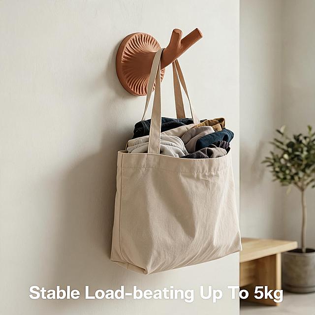 [Main Image 6] Load-bearing performance test display of drill-free branch integrated hook. [Atmosphere Style] Objective and intuitive effect test style. [Image Quality] Clear commercial photography, real sense of strength. [Elements] A whole canvas bag filled with clothes is hung on the hook, the hook is firmly adsorbed on the wall, no falling off, no bending. Show the strong bearing capacity of the product. The wall is light off-white, the background is simple, focus on the test effect. Keep the hook shape, color, structure consistent with the original picture. [Lighting] Even soft indoor light, the hook and the bag are clearly defined, the shadow is natural. [Color Matching] Light off-white background, hook orange, canvas bag beige, natural color. [Perspective Composition] Front middle view, focus on the connection between the hook and the bag. [Text Layout] Bottom negative space, large text "Stable Load-bearing Up To 5kg", text clearly visible, simple font, all English. [Proportion Resolution] 1:1 proportion, 2K resolution. [Negative Prompt] Deformed text disordered product image blurred background messy watermark e-commerce platform Logo