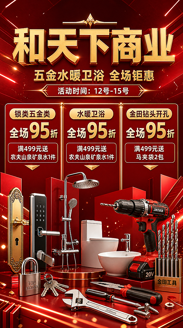 一张立体高级的红色主题商业促销海报，9:16竖版，2K超高清。画面以深红色渐变为主色调，搭配金色点缀，营造高端大气的促销氛围。顶部居中是主标题"和天下商业"，金色立体大字，下方副标题"五金水暖卫浴 全场钜惠"，再下方标注活动时间"活动时间：12号-15号"。画面中部横向分为三大品类活动区块，每个区块都有独立的品类标题和优惠信息，区块之间用金色线条或立体分隔柱区分：左侧区块标题"锁类五金类"，下方文字"全场95折"，再下方"满499元送农夫山泉矿泉水1件"；中间区块标题"水暖卫浴"，下方文字"全场95折"，再下方"满499元送农夫山泉矿泉水1件"；右侧区块标题"金田钻头开孔"，下方文字"全场95折"，再下方"满499元送马夹袋2包"。画面底部展示多款五金工具、卫浴产品、锁具、钻头的立体悬浮陈列，产品金属质感强烈，光影硬朗，红色背景中融入几何立体方块、金属线条、光斑粒子等装饰元素，增强空间层次感。整体风格为3D立体商业海报风，红色主调+金色点缀，高端大气，促销感强但不杂乱，版式精美，分区清晰，层级分明。画面中所有数字必须精确渲染，不得错位、遗漏或编造。画面中所有信息区域、活动区块、优惠条目必须填充完整合理的内容，不得出现空白框、空白占位、横线待填写区域、空列表项、空单元格。