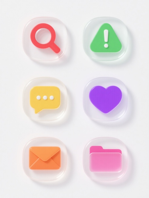 一组六个完全不同造型的UI元素图标，以规整的2x3网格排布在纯白色纯色背景上，每个图标保持相同的半透明玻璃拟态风格、清晰的白色高光边缘和圆润的几何形态，具有统一的光影效果和立体感，元素内容分别为：红色填充的放大镜、绿色填充的感叹号警告标志、黄色填充的对话气泡、紫色填充的心形、橙色填充的信封、粉色填充的文件夹，整体视觉简洁明快，符合现代UI设计的信息传达效率和视觉层级要求预览效果