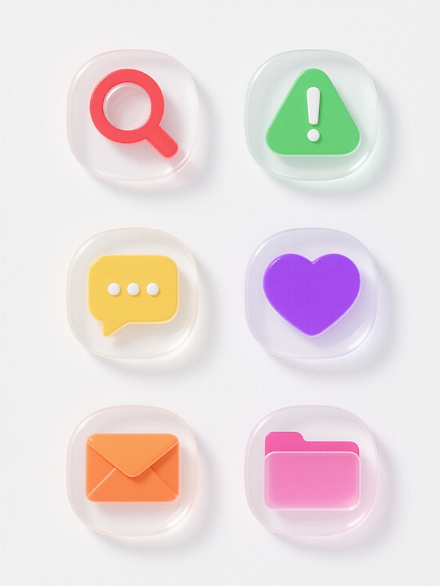 一组六个完全不同造型的UI元素图标，以规整的2x3网格排布在纯白色纯色背景上，每个图标保持相同的半透明玻璃拟态风格、清晰的白色高光边缘和圆润的几何形态，具有统一的光影效果和立体感，元素内容分别为：红色填充的放大镜、绿色填充的感叹号警告标志、黄色填充的对话气泡、紫色填充的心形、橙色填充的信封、粉色填充的文件夹，整体视觉简洁明快，符合现代UI设计的信息传达效率和视觉层级要求