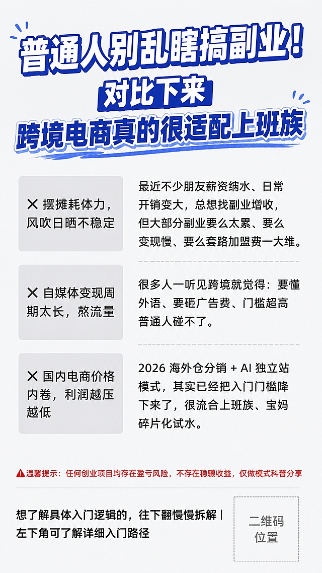 小红书副业干货图文封面，从上到下严格排版，保留全部原文一字不改，无AI过度修饰，自然真实博主笔记风格。
顶部：大字主标题"普通人别乱瞎搞副业！对比下来跨境电商真的很适配上班族"，设计为醒目蓝白色艺术字
左侧区域：三个灰色带叉副业踩坑短句框，内容一字不差：
✘ 摆摊耗体力，风吹日晒不稳定
✘ 自媒体变现周期太长，熬流量
✘ 国内电商价格内卷，利润越压越低
中间：核心文案段落，一字不差：
最近不少朋友薪资缩水、日常开销变大，总想找副业增收，但大部分副业要么太累、要么变现慢、要么套路加盟费一大堆。
很多人一听见跨境就觉得：要懂外语、要砸广告费、门槛超高普通人碰不了。
2026 海外仓分销 + AI 独立站模式，其实已经把入门门槛降下来了，很适合上班族、宝妈碎片化试水。
底部：小字红色温馨提示，一字不差：
⚠️温馨提示：任何创业项目均存在盈亏风险，不存在稳赚收益，仅做模式科普分享
最底端：引导文案 + 预留二维码位置：
想了解具体入门逻辑的，往下翻慢慢拆解｜左下角可了解详细入门路径
风格：浅灰白色背景，简约干净，排版舒展，文字清晰可读，保留真实博主笔记质感，无夸张AI特效，画面比例9:16