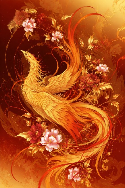 参考原图的国潮插画风格，重新生成这幅带有花卉的金色凤凰主题作品，保持暖金红渐变色调和细腻流畅线条预览效果