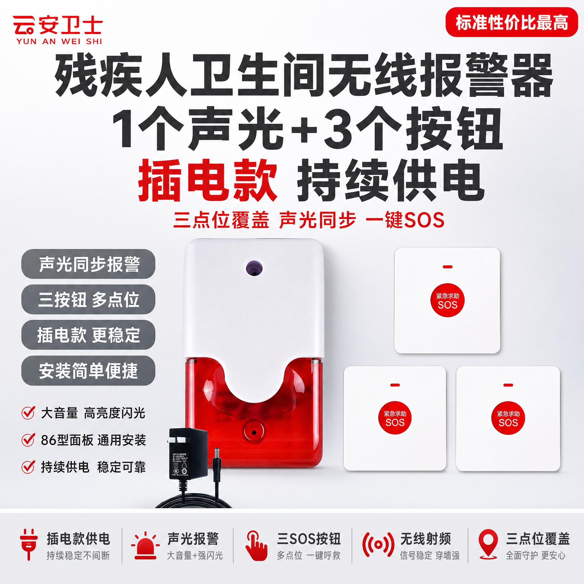 [单张主图] 残疾人卫生间无线报警器【插电款】1个声光+3个按… - 图片创意预览