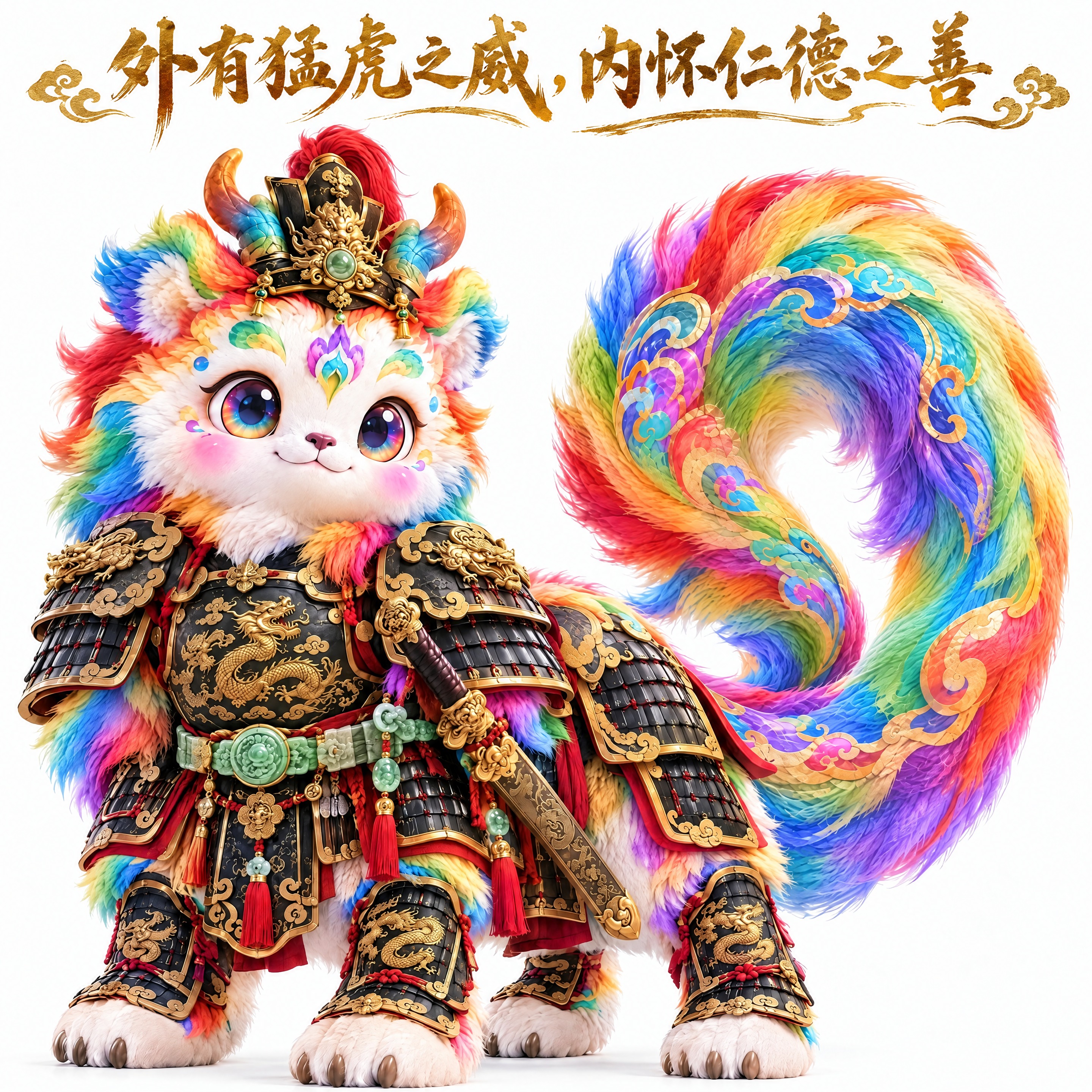 在图片上方添加书法字体的文字"外有猛虎之威，内怀仁德之善"，金… - 图片创意预览