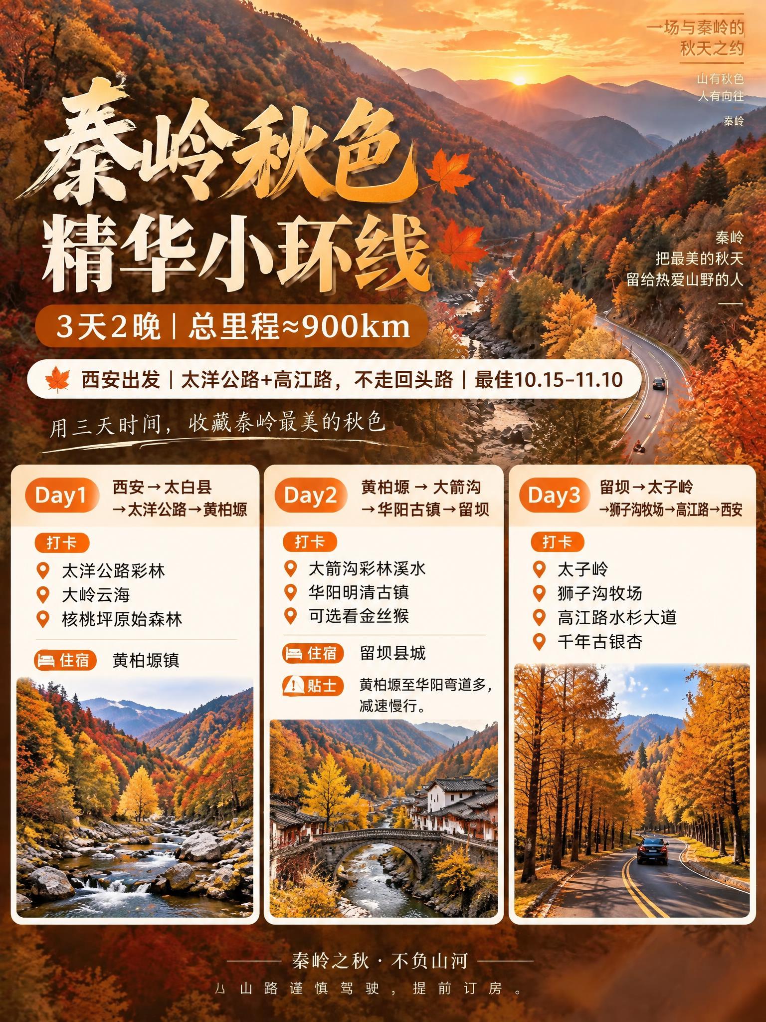 参考这张秦岭赏秋合集海报的整体版式、设计风格、秋日暖橙金棕色调… - 图片创意预览