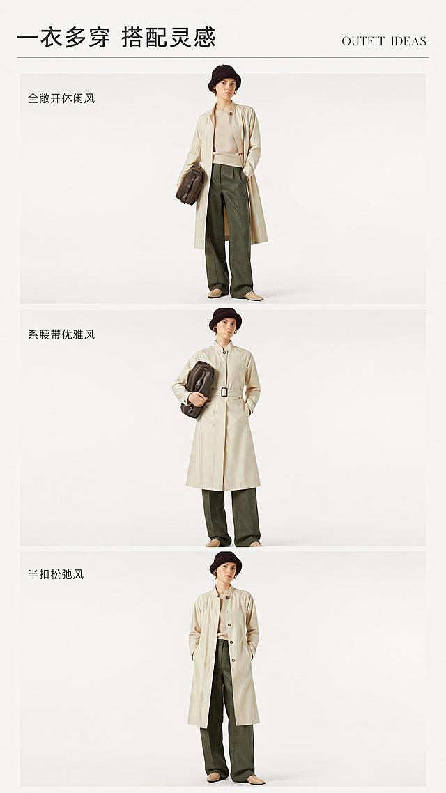 [第5屏] 搭配灵感页，展示一张图片三种风格穿搭组合。本屏使用【图4】【图5】作为模特参考，保持商品颜色、结构一致。
[标题版式] 顶部标题，左侧主标题，右侧英文装饰，下方三张穿搭图横向排列，风格统一。
[氛围/风格] 极简画报风，quiet luxury静奢感，欧美模特，低饱和色调，商业棚拍质感。
[元素布局] 顶部标题区，下方三张穿搭图拼贴排列，从上到下分别为：全敞开穿搭、系腰带穿搭、半系扣穿搭，每套穿搭都为同一个欧美模特，姿态不同，服装都是沙瓦纳米色桑蚕丝风衣，内搭极简针织衫，背景保持纯白浅灰地面，每套穿搭标注搭配标签，商品结构颜色与参考一致。
[光影质感] 统一影棚柔光，均匀打光，无硬阴影，三套穿搭光影一致，风格统一。
[配色色系] 全局底色 #F5F5F5，主色浅卡其风衣，搭配深绿下装，米色鞋子，文字深灰。
[视角构图] 竖向三拼构图，每张穿搭图比例一致，排列均匀，整体协调。
[文字版式] 顶部主标题「一衣多穿 搭配灵感」，右上角英文装饰「OUTFIT IDEAS」，每张穿搭图标注穿搭名称「全敞开休闲风」「系腰带优雅风」「半扣松弛风」，文字小巧清晰，不遮挡服装主体。
[比例分辨率] 9:16 竖版比例，4K分辨率，高清画质，文字清晰。
[负向提示词] 服装变形，三套穿搭风格不一致，光影不一致，模特不一致，颜色偏差，文字遮挡，背景杂乱。