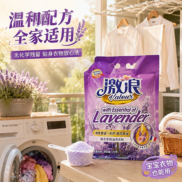严格保持产品包装外观、品牌Logo、字体、颜色、防潮嘴造型与输入产品图1完全一致，产品包装原样保留杜绝变形色差。温馨家庭阳台洗衣场景：白色洗衣机旁台面摆放产品，防潮嘴打开状态，旁边透明量勺盛洗衣粉，洗衣机内露出洗好的彩色衣物，晾衣架挂着洁白衬衫毛巾，窗台薰衣草盆栽，窗外阳光洒入形成丁达尔光效。产品自然融入场景占比约35%。左上文字'温和配方 全家适用'主标题，副标题'无化学残留 贴身衣物放心洗'，右下角小标签'宝宝衣物也能用'。自然光暖调柔和。