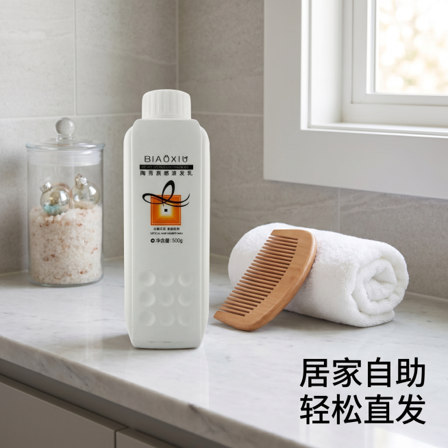 [主图 9] 使用场景展示：居家自助直发。
[氛围风格] 生活化场景，温馨真实
[画质] 生活场景摄影，自然真实
[元素] 现代简约风格浴室洗手台，陶秀直发膏产品放置在台面，旁边搭放梳子和毛巾，背景干预览效果