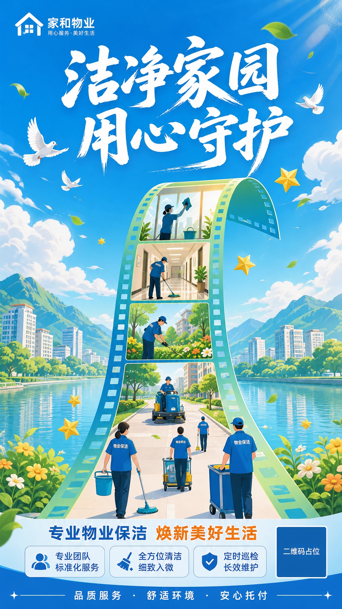 参考图风格为扁平插画风格、明亮清新蓝橙暖色调、胶片卷轴延伸式构… - 图片创意预览