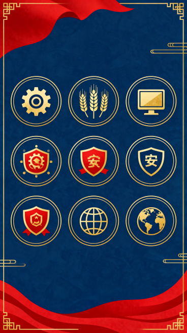 信息图表背景，国潮插画风格，九个圆形图标排列整齐，每个圆圈内有不同的国家安全符号比如齿轮麦穗电脑地球，深蓝色背景，中国红点缀，金色线条装饰，极简设计，高画质，庄重大气，扁平化矢量图预览效果