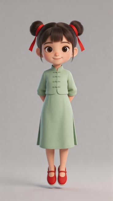 全身照，正视图，灰色背景3D动画风格，纹理细腻，全身站立，严格6:8头身比例，体态匀称，腿部修长，东方人体比例，精准稳定。十岁东方女童，圆脸，大眼睛，眼神聪慧灵动，身穿浅绿色对襟童裙，脚穿红色布鞋，双预览效果