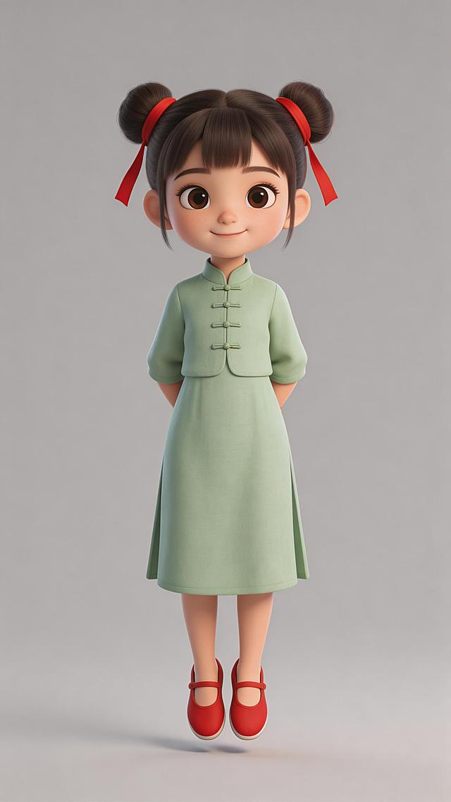 全身照，正视图，灰色背景3D动画风格，纹理细腻，全身站立，严格6:8头身比例，体态匀称，腿部修长，东方人体比例，精准稳定。十岁东方女童，圆脸，大眼睛，眼神聪慧灵动，身穿浅绿色对襟童裙，脚穿红色布鞋，双丫髻系红色发带，双手背在身后，微微踮脚，天真活泼站立