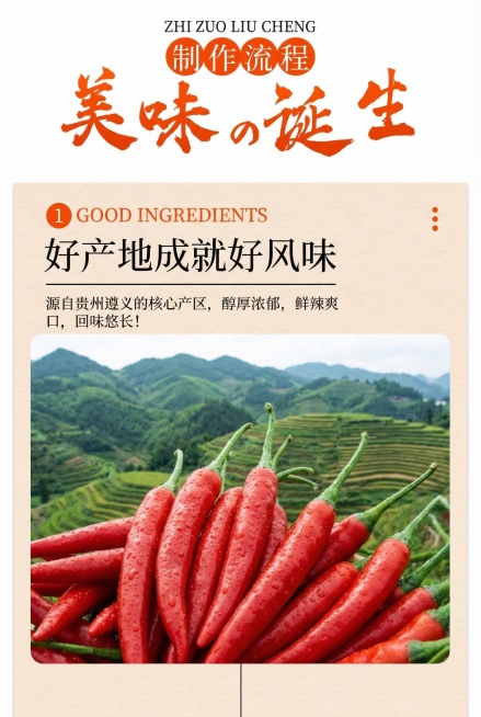 基于参考的制作流程图，生成第二款同风格详情页，突出产地辣椒鲜辣爽口的特点，保留相关文案，2:3比例，2K分辨率，风格与参考图一致预览效果