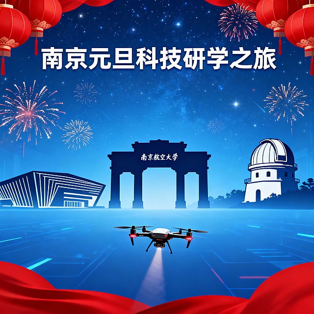 南京元旦科技主题研学宣传海报，包含南京航空航天大学、南京科技馆、无人机研究院和紫金山天文台