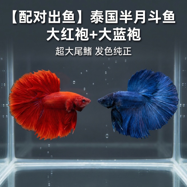 [主图 1] 泰国斗鱼半月配对展示首图
[氛围/风格] 高端水族观赏风格，清澈水质，自然柔和光影
[画面元素] 将大红袍和大蓝袍两条泰国斗鱼放在同一个清晰水族场景中，两条鱼分别位于画面左右两侧对称展示预览效果