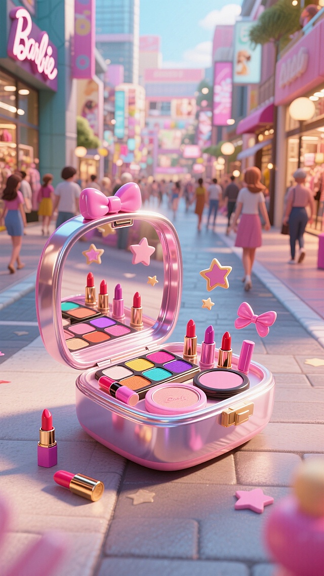 街道上巨大芭比风化妆盒，里面和周围装满并环绕各类可爱商品（美容美妆品），周围有漂浮的商品与小装饰元素，背景是商场购物街