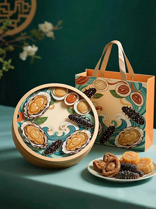 还有用第一张生成的图吧，把磁盘里的的月饼改成海味产品