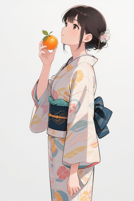 设计个日式插画温画卡女孩人物，身穿日式服饰，侧身拿个沃柑，抬头往着手中的沃柑，全身图，高清晰画质，白底预览效果