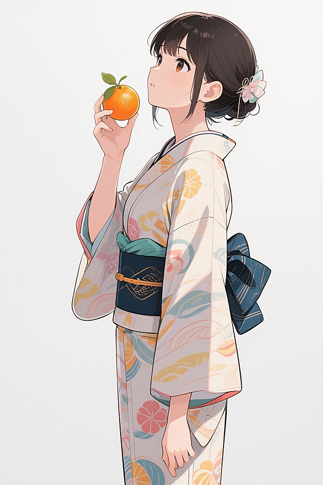 设计个日式插画温画卡女孩人物，身穿日式服饰，侧身拿个沃柑，抬头往着手中的沃柑，全身图，高清晰画质，白底