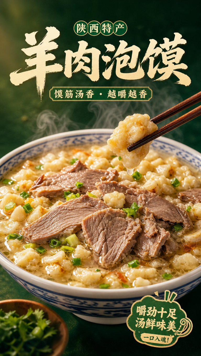 羊肉泡馍口感特写页，9:16竖版。一大碗羊肉泡馍占满画面中心，… - 图片创意预览