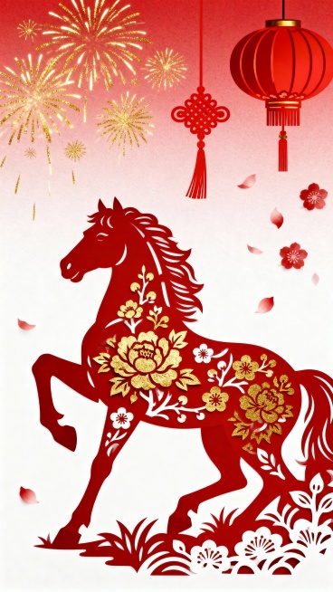 画面采用传统剪纸镂空工艺技法，主体是一匹优雅的骏马剪影，马身装饰着精美的花卉纹样（牡丹、梅花等），采用金色镂空效果。马的姿态是四分之三侧面，前蹄抬起，展现动态美感。背景是喜庆的红色渐变，营造出浓厚的春预览效果