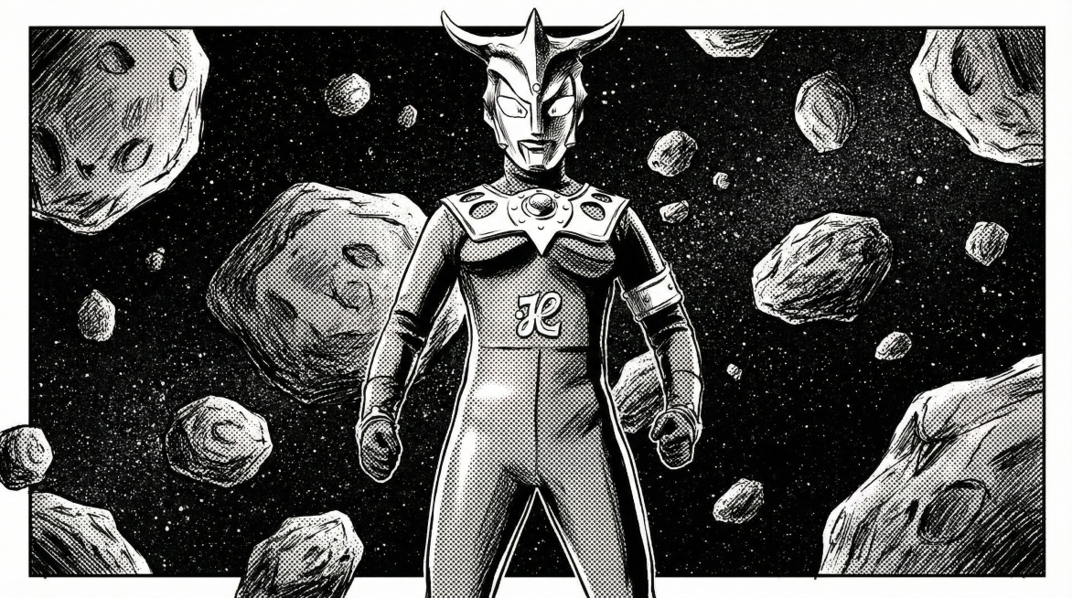 将这张奥特曼图片转换为16:9黑白漫画风格，背景改为外太空小行星带，保持人物主体造型不变，转换出漫画线条和黑白网点质感预览效果