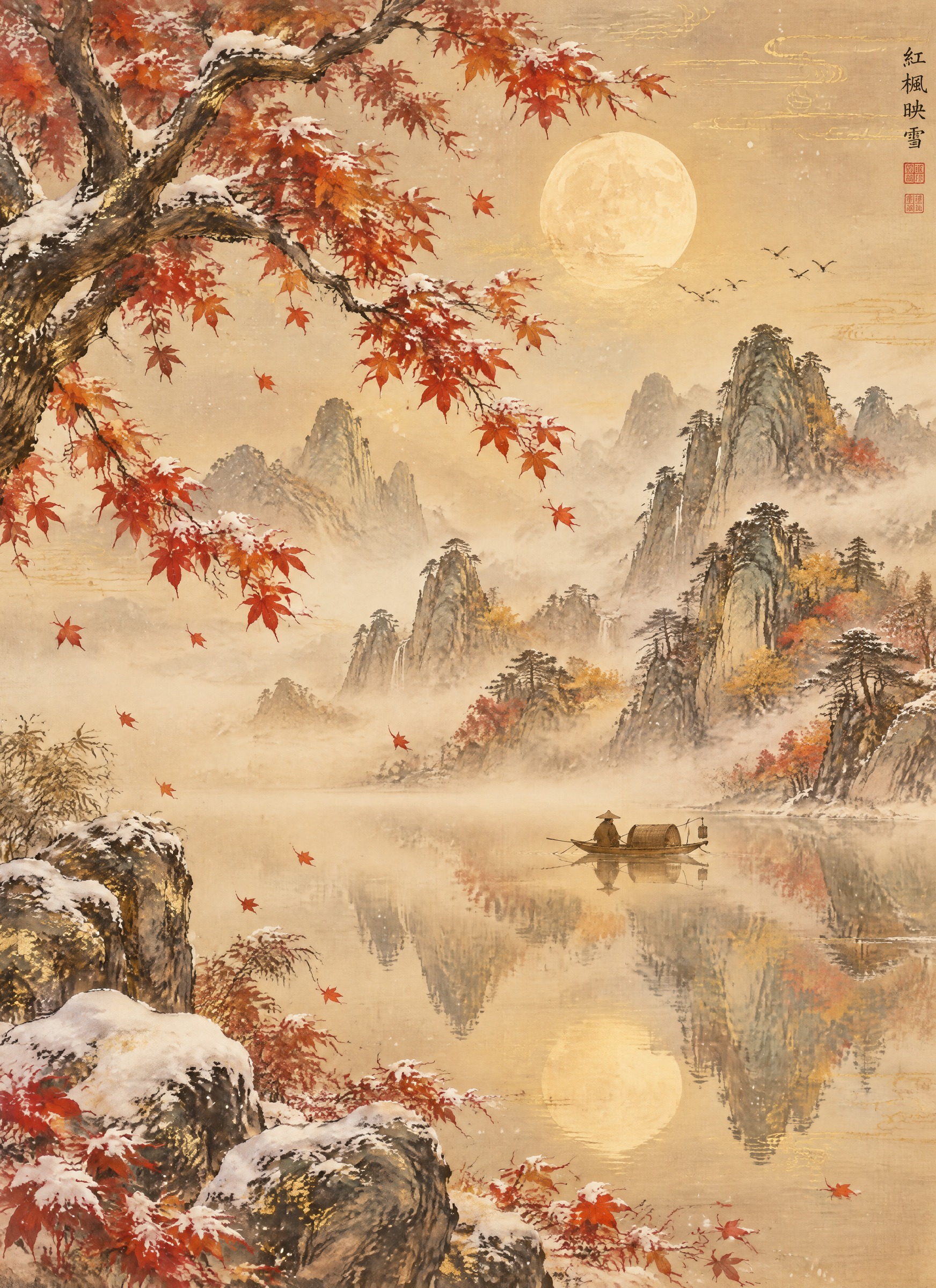 沿用参考图的国风工笔水墨＋金箔质感与东方文人画留白构图，重新创… - 图片创意预览