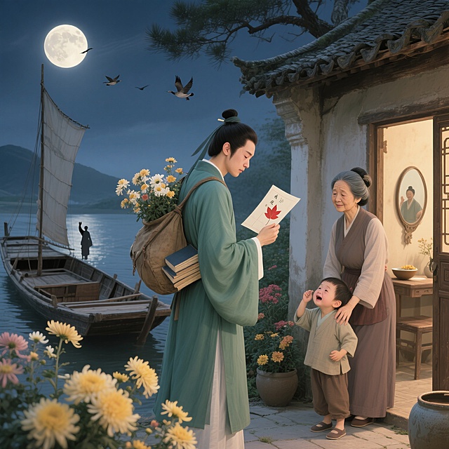 源于:文笔挑战：“青衫客，旧书囊，菊香满袖寄乡心”如何续写下一句？
思归版：青衫客，旧书囊，菊香满袖寄乡心；明月夜，短松岗，雁声过耳惹愁肠。
盼信版：青衫客，旧书囊，菊香满袖寄乡心；红叶笺，小字行，归期未卜问斜阳。
忆旧版：青衫客，旧书囊，菊香满袖寄乡心；老屋檐，粗瓷碗，慈母倚门望归帆。