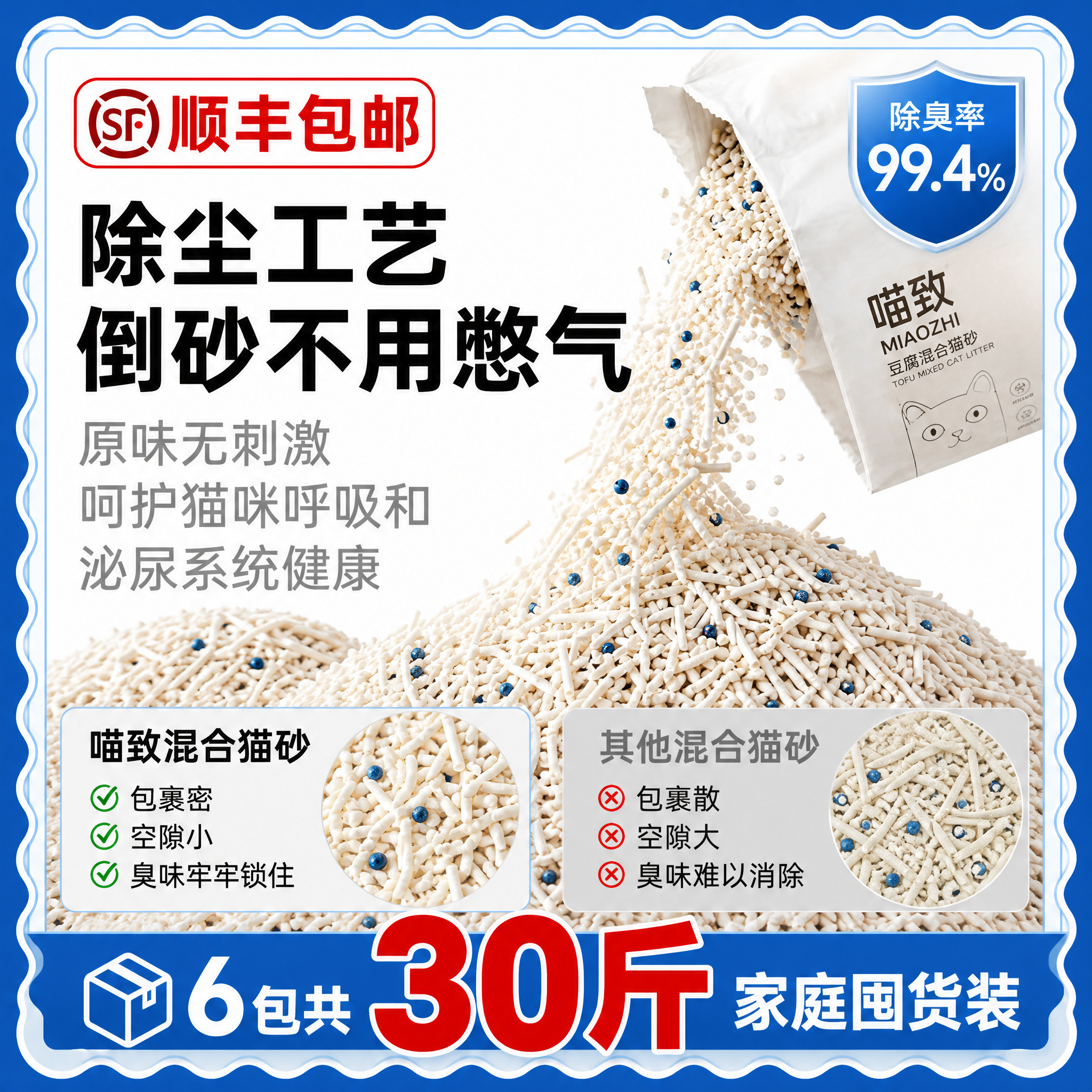 [主图-13 带顺丰] 喵致豆腐混合猫砂 低尘卖点主图，带波浪… - 图片创意预览