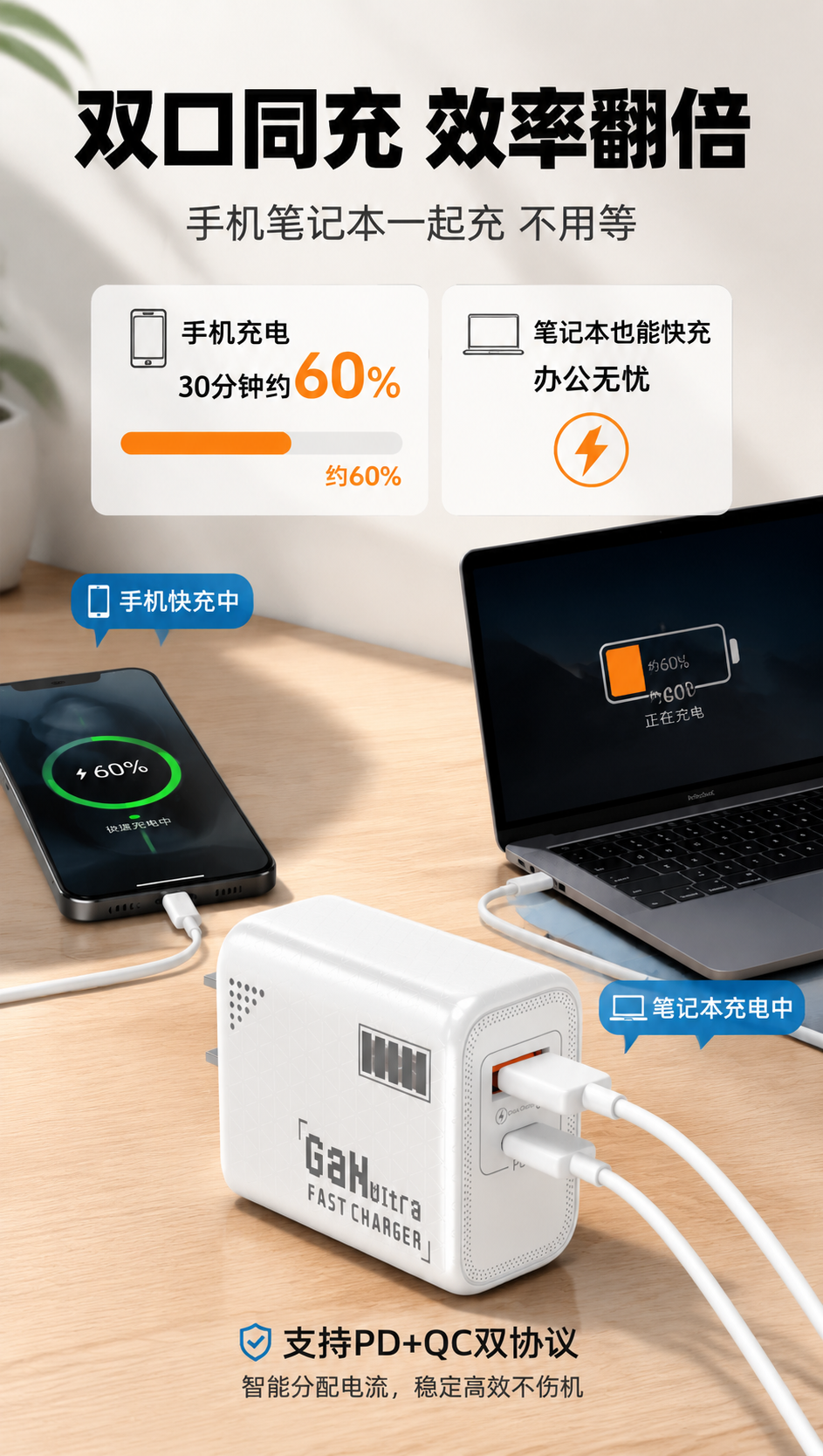 [商品] 使用【图1】白色氮化镓双口快充充电器；保留全部原貌；… - 图片创意预览