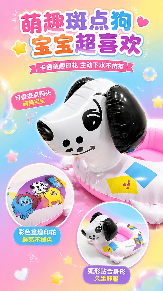 [第13屏] 卡通印花细节-彩色斑点狗坐圈童趣斑点狗造型。本屏使用【图1】和【图2】展示不同角度的卡通印花细节，保持图案一致。
[氛围/风格] 萌趣卡通风，色彩鲜亮，童趣满满，儿童喜爱的活泼风格。
[元素布局] 画面中央放大展示斑点狗头部特写（使用【图1】狗头部分），黑色耳朵、斑点眼睛鼻子、微笑嘴巴清晰可见，占比约40%；周围环绕三个小圆形图：坐圈上的彩色小狗印花图案、彩色菱形几何印花、整体侧面卡通造型（使用【图2】）；背景为彩虹色渐变，有星星、爱心、彩色气泡装饰。
[光影质感] 明亮均匀光照，印花色彩鲜艳饱和，图案清晰，PVC表面有光泽。
[配色色系] 全局底色彩虹渐变（粉黄蓝紫）；主色多彩+白色；辅助色黑色斑点、各彩色印花。
[视角构图] 中心放射式，中央狗头特写，周围三个细节小圆，阅读动线从中心向四周。
[文字版式] 顶部主标题「萌趣斑点狗 宝宝超喜欢」，副标题「卡通童趣印花 主动下水不抗拒」；三个细节标注：「可爱斑点狗头 萌翻宝宝」「彩色童趣印花 鲜亮不掉色」「弧形贴合身形 久坐舒服」；文字用彩色圆角框，活泼可爱，符合儿童审美。
[比例分辨率] 9:16 竖版比例，4K 分辨率，文字清晰可辨，高清画质。
[负向提示词] 产品变形，印花图案错误，颜色偏差，水印，文字错乱，图案模糊，背景杂乱。