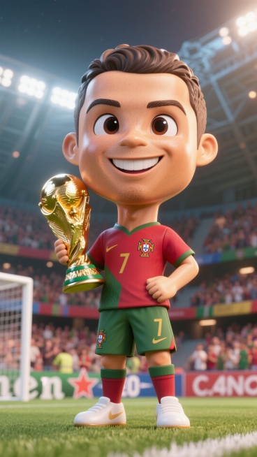 国风Q版Cristiano Ronaldo，3D卡通风格，头大身小，身体显示完整，像个手办，身穿葡萄牙球衣，手捧着世界杯奖杯，眼神笑眯眯，C4D 渲染有反光，皮肤非常精致光滑，背景是有观众的足球场预览效果