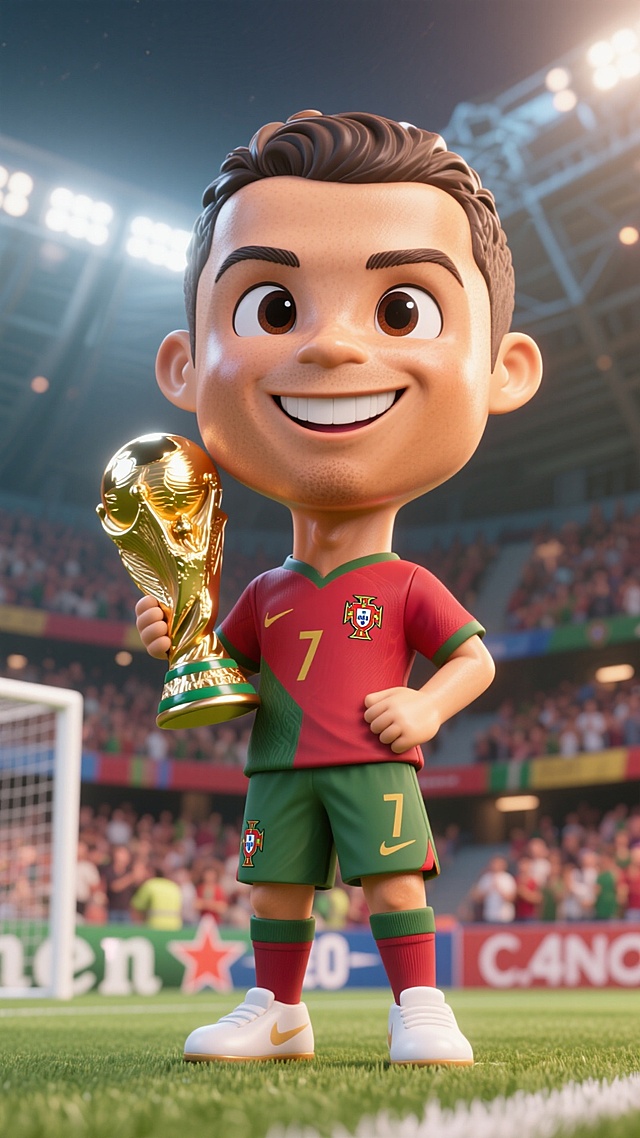 国风Q版Cristiano Ronaldo，3D卡通风格，头大身小，身体显示完整，像个手办，身穿葡萄牙球衣，手捧着世界杯奖杯，眼神笑眯眯，C4D 渲染有反光，皮肤非常精致光滑，背景是有观众的足球场