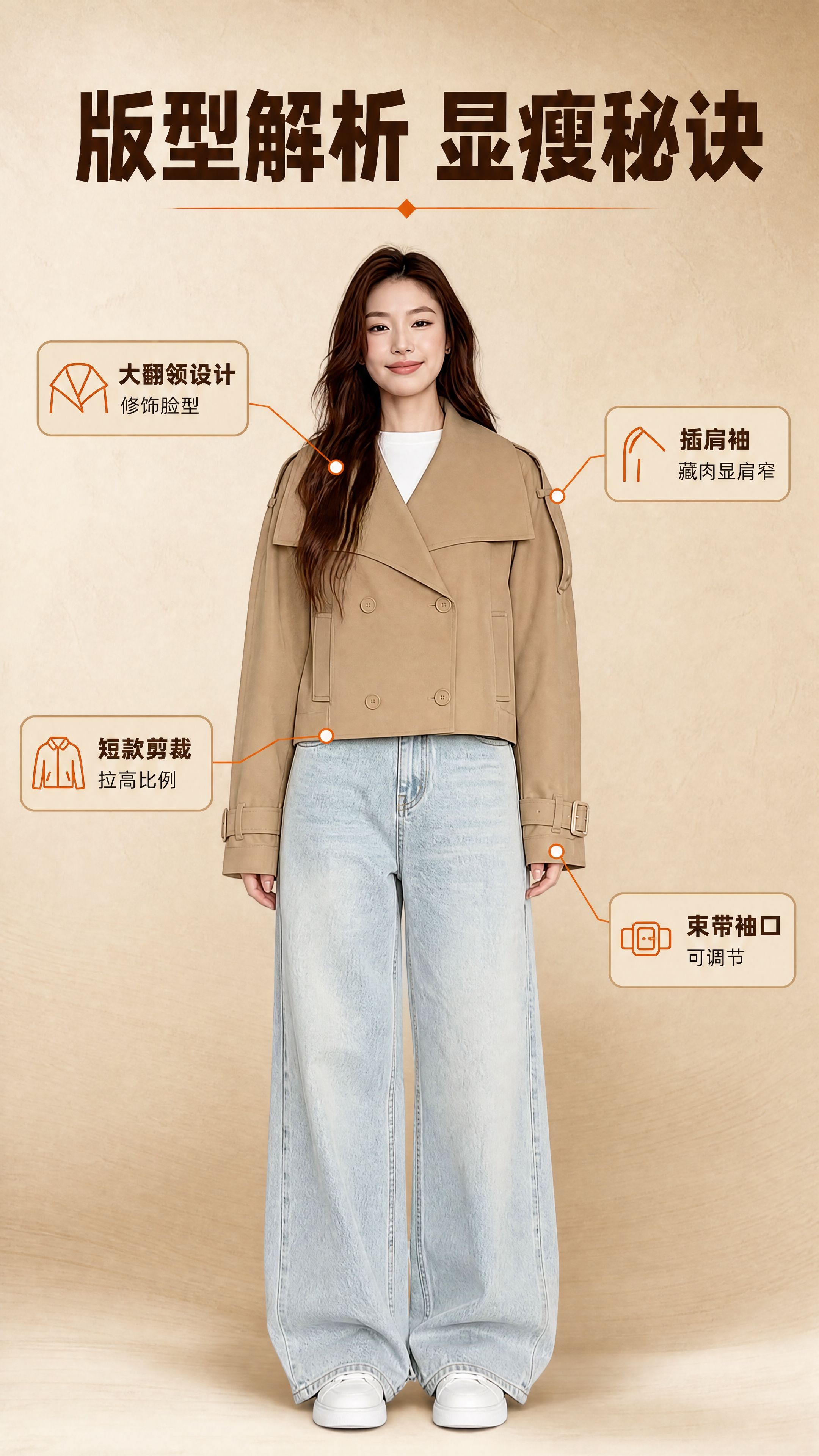 [商品] 使用【图3】卡其色短款大翻领风衣外套；商品处理：保留… - 图片创意预览