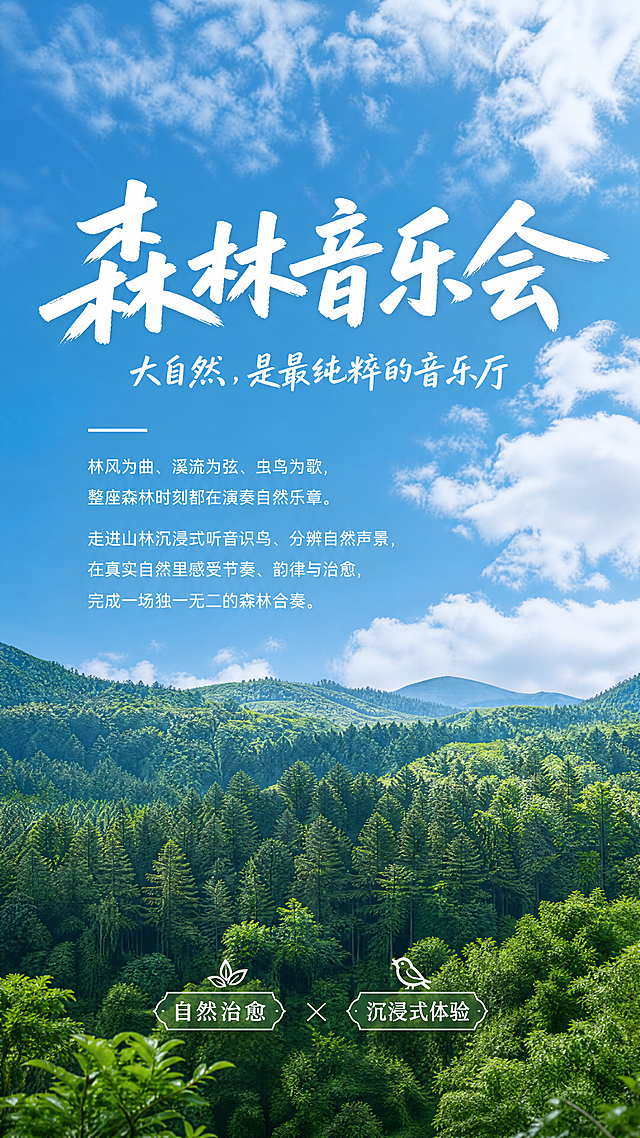 写实清新自然商业摄影海报，复刻参考图的版式骨架、自然清新氛围和文字排版。顶栏大面积自然森林风景，蓝天白云下茂密深绿森林。主标题是"森林音乐会"，使用手写白色粗体大字，位置在画面上方。副标题是"大自然，是最纯粹的音乐厅"，放在主标题下方。正文完整保留文案："林风为曲、溪流为弦、虫鸟为歌，整座森林时刻都在演奏自然乐章。走进山林沉浸式听音识鸟、分辨自然声景，在真实自然里感受节奏、韵律与治愈，完成一场独一无二的森林合奏。"，底部点缀两个装饰标签文字"自然治愈"和"沉浸式体验"。整体色调清新自然，绿色为主搭配蓝色天空，光影柔和自然，构图层级分明，排版精美，留白合理，文字清晰可读，不遮挡风景主体，宽高比9:16，分辨率4K。