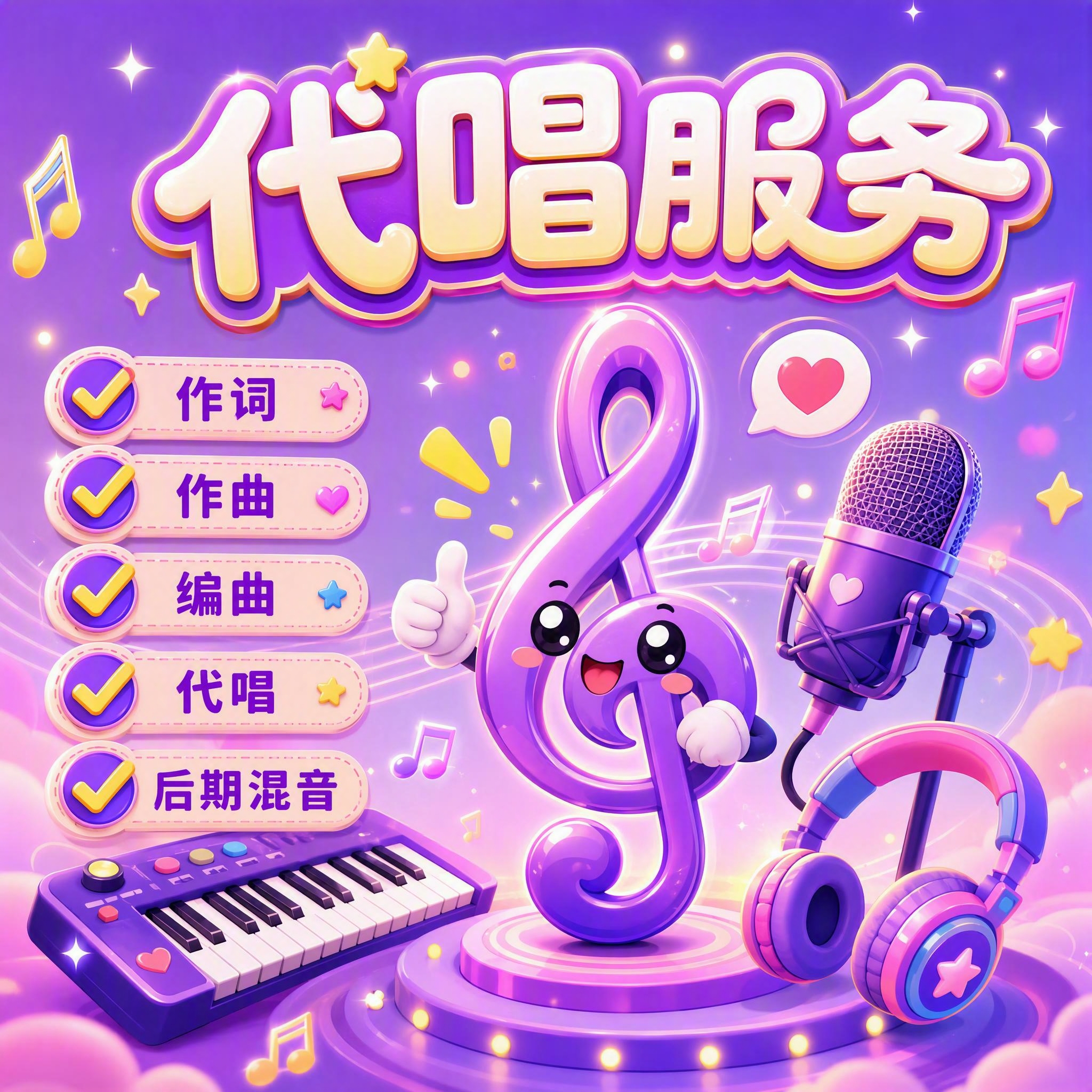 卡通风格音乐服务宣传图，1:1正方形构图，画面中心是一个可爱的… - 图片创意预览