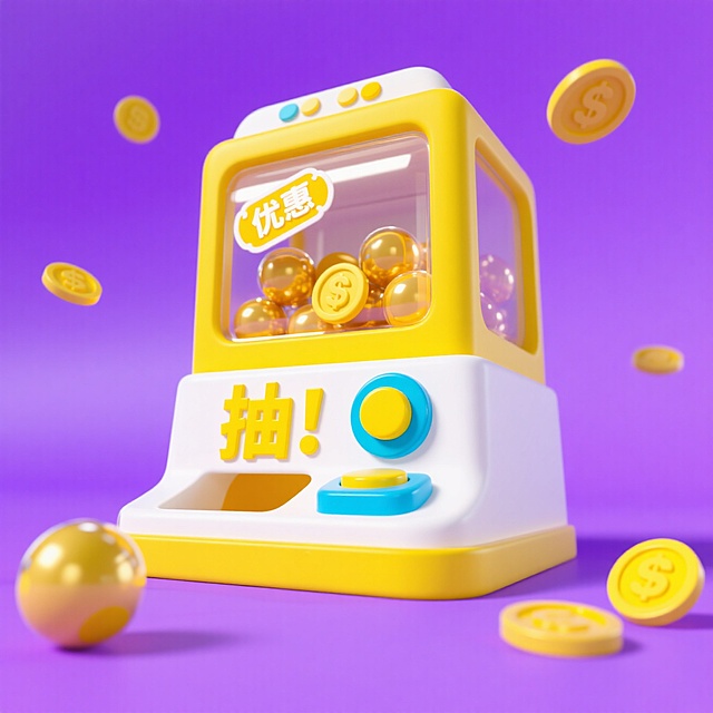 软3D风卡通扭蛋机，萌趣塑料质感，金币飞溅营造促销氛围，轻拟物设计强化可爱感与趣味性，节日营销视觉亮点。