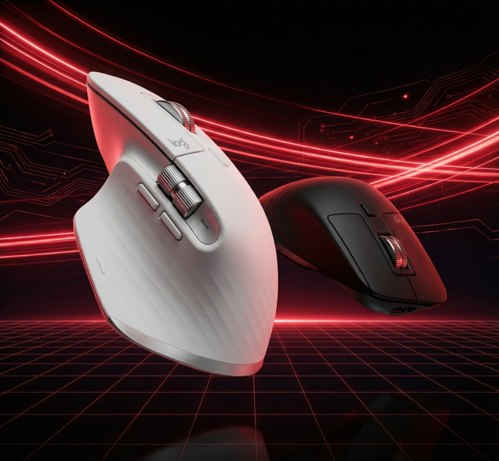 「图片1」「图片1」主体为鼠标，一白一黑两款，呈斜向错落摆放，两个鼠标摆放方向不一致，不是呈平行。。背景是深色网格底搭配动感红色光轨，营造电竞科技氛围。风格为硬核电竞风，色调以红黑为主，搭配鼠标的白与预览效果