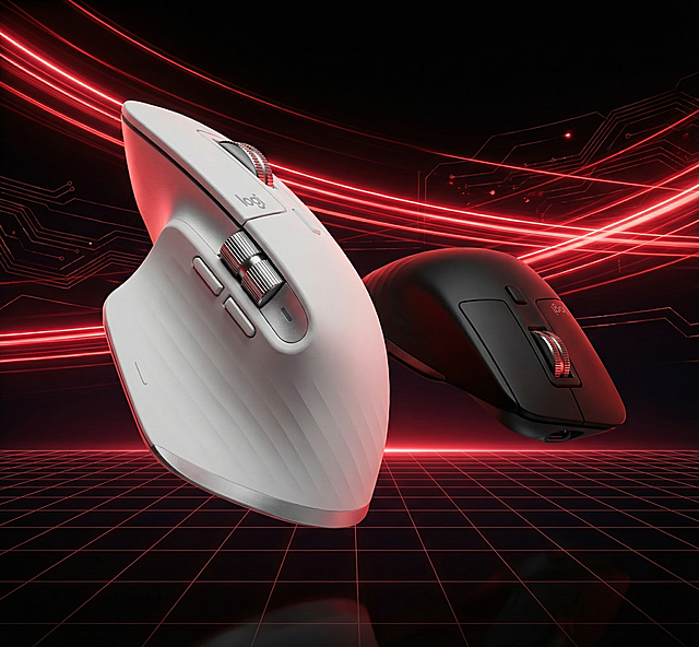「图片1」「图片1」主体为鼠标，一白一黑两款，呈斜向错落摆放，两个鼠标摆放方向不一致，不是呈平行。。背景是深色网格底搭配动感红色光轨，营造电竞科技氛围。风格为硬核电竞风，色调以红黑为主，搭配鼠标的白与黑冷色调。构图采用平视偏仰视角，突出鼠标流畅机身线条