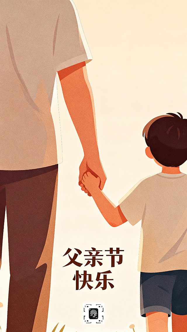 父亲节主题竖版海报，扁平插画风格，画面包含父子牵手的温馨场景，搭配文案“父亲节快乐”，整体色调温暖治愈，简洁干净的设计风格