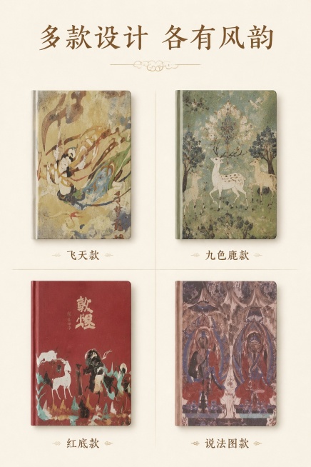[第5屏] 款式鉴赏-多款不同封面设计整体展示。本屏使用【图5】参考进行分区域展示。
[氛围/风格] 整齐陈列，清晰展示，国风雅韵，排版有序。
[元素布局] 画面分为四宫格，每格展示一款不同封面设计：预览效果