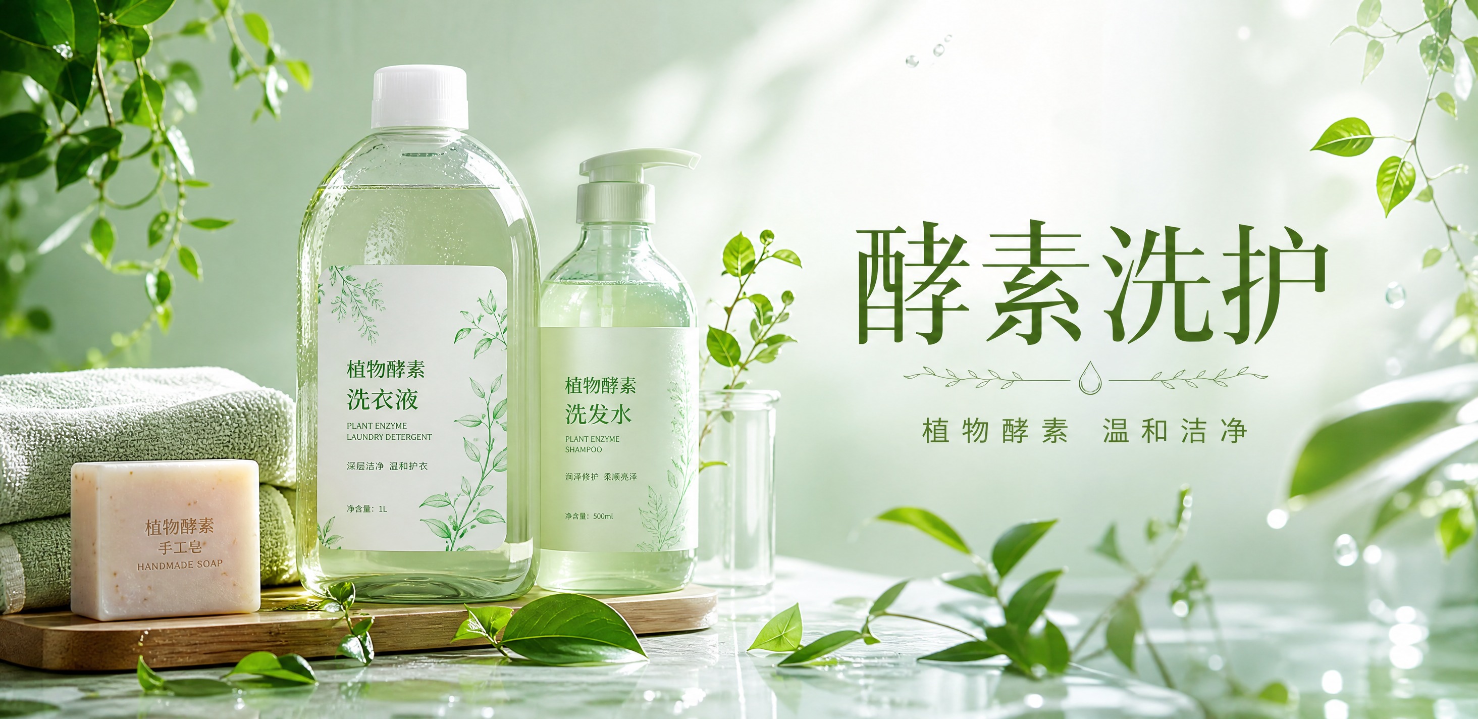 清新环保生态风格分类导航海报，横版构图。画面左侧为酵素洗护产品… - 图片创意预览