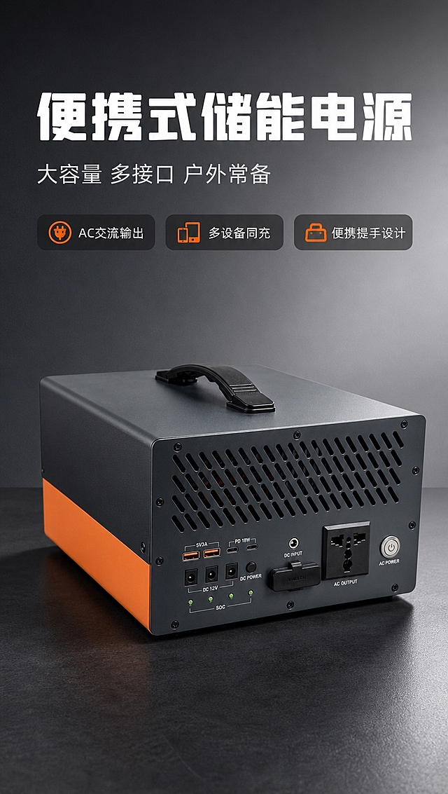 [商品] 使用【图1】深灰+橙色便携式储能电源；保留金属外壳质感、顶部黑色提手、正面散热格栅、AC输出插座、DC输入口、USB/Type-C/DC输出接口、SOC电量指示灯、电源开关按钮的结构与位置；产品朝向为右前45度角，清晰展示接口面板。
[画面] 目标：产品头图，展示便携式储能电源全貌与专业品质。构图：竖版9:16，产品居中偏下，放置在深灰色哑光台面上，底部有自然接触阴影。背景为简洁的深灰到浅灰渐变墙面，干净利落。顶部留白放置标题与卖点文字。产品占画面约55%。
[视觉] 套系策略：风格=工业科技风商业摄影；标题字=粗黑无衬线黑体；正文字=简洁无衬线体；主色=深炭灰；背景延展=基于深炭灰做深浅渐变、同色系层次与细腻金属/磨砂质感；强调色=活力橙，仅用于小面积图标、引线、标签和局部光效；标题色=纯白；正文色=浅灰；组件=圆角深色信息卡、细线引线、橙色点缀图标；光影=左前侧柔光+右侧补光，突出金属质感与体积感。
[文字] 顶部主标题「便携式储能电源」，副标题「大容量 多接口 户外常备」，下方3个卖点胶囊：「AC交流输出」「多设备同充」「便携提手设计」，文字均为横排，不遮挡产品主体与接口面板。
[规格] 图片比例9:16竖版，4K分辨率，避免变形、错字、文字过小、产品颜色改变、结构失真。
