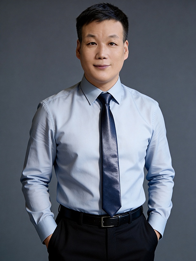 商务感十足的实景肖像，性冷淡风与单色设计融合，简约主义构图，印刷质感光影，凸显专业气质。