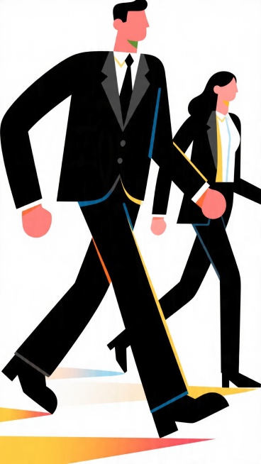极简扁平化矢量插画，夸张拉长四肢的抽象人物，粗黑色清晰轮廓线，无五官，纯色平涂无渐变无阴影，身着简约商务西服正装，一男一女正在轻松行走，动态舒展，干净白色底色背景，北欧简约几何风格，低细节大色块，潮流预览效果