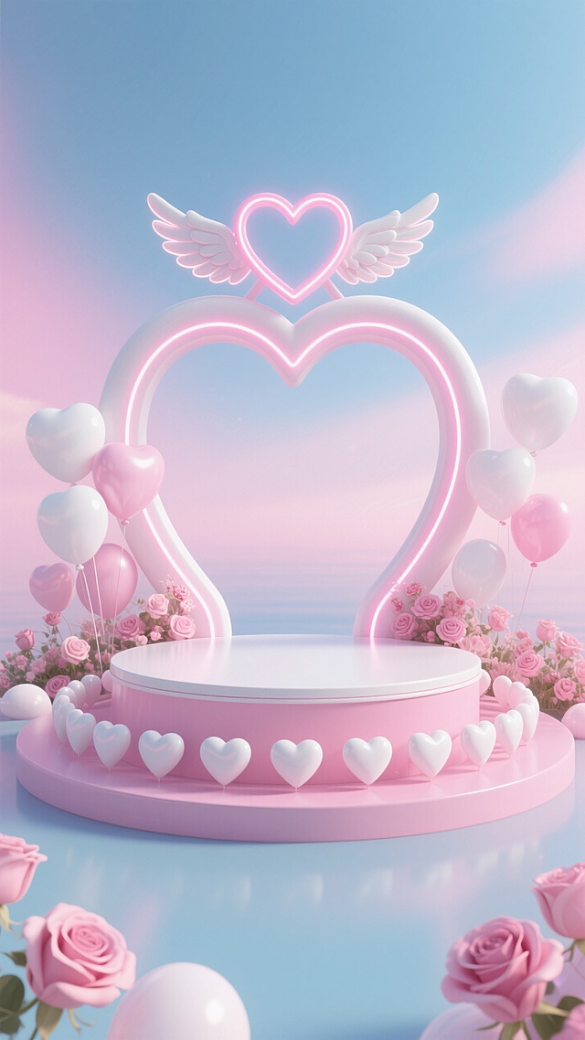 梦幻软3D风，霓虹灯心形拱门，甜美浪漫，点缀气球与玫瑰，情人节主题设计。
